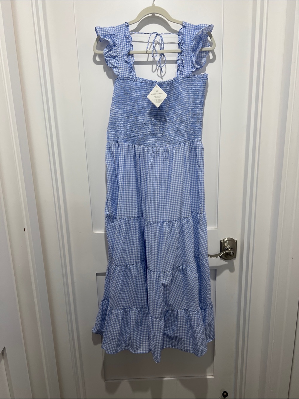 Eileen West Light Blue Gingham Ruffle Strap Maxi Dress